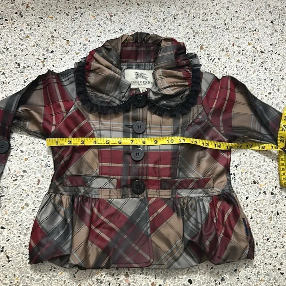 Burberry plaid jacket ruffle burgundy grey small s